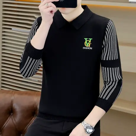 秋冬季提花针织衫上衣男士外穿百搭休闲衬衫领假两件毛衣加厚秋装商品大图