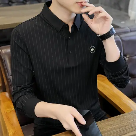 男士长袖Polo衫T恤2023新款春秋季潮牌宽松翻领打底条纹男装衣服商品大图