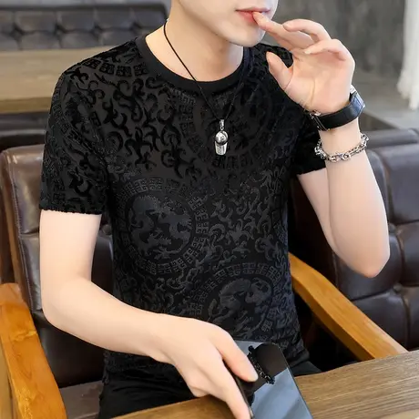 夏季冰丝t恤男短袖2023年新款镂空弹力半袖上衣痞帅男装冰感体恤商品大图