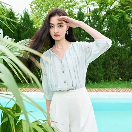 时尚气质七分袖袖衬衫2023年夏季新款女温柔V领宽松显瘦通勤上衣商品大图