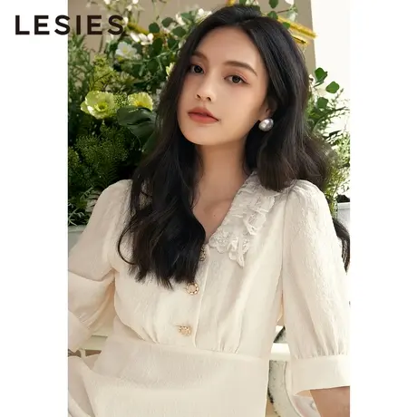 LESIES蓝色倾情夏季女蕾丝花边收腰显瘦针织短袖荷叶边连衣裙图片