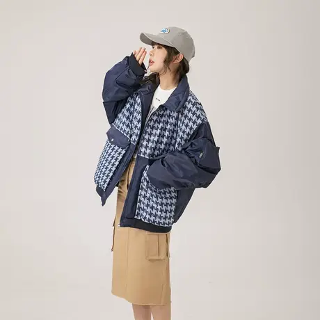 潮牌拼接格子棉服女2023年新款加厚冬季外套复古宽松oversize棉衣商品大图