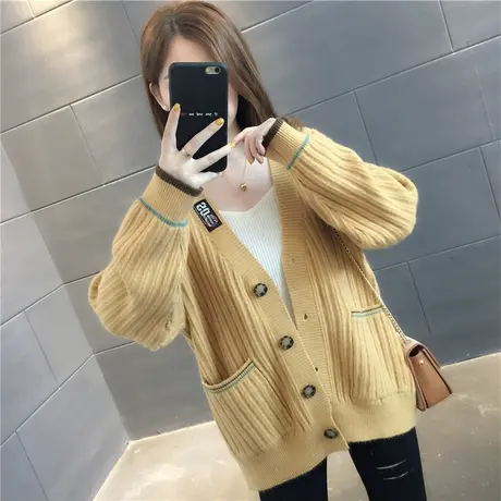 2023秋冬新款韩版V领宽松纯色针织衫女开衫潮百搭毛衣外套上衣图片