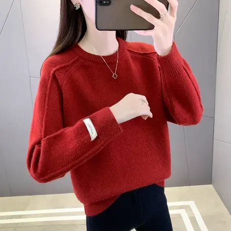 女士圆领毛衣2023新款女秋冬厚款套头针织衫短款宽松爆款外穿上衣商品大图
