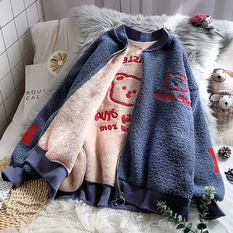 羊羔毛加绒卫衣女韩版宽松2021年秋冬季新款学生拉链上衣加厚外套图片