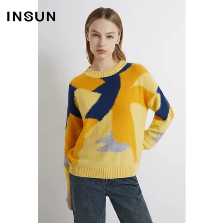 INSUN恩裳线上专选冬季不规则色块拼接羊毛毛织衫商品大图