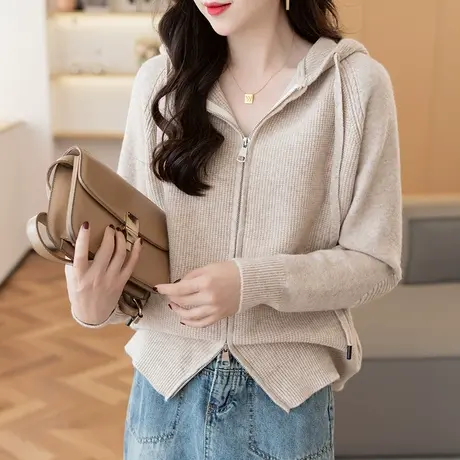 春装新款双拉链短款高腰小个子针织开衫外搭外套春秋纯色连帽毛衣图片