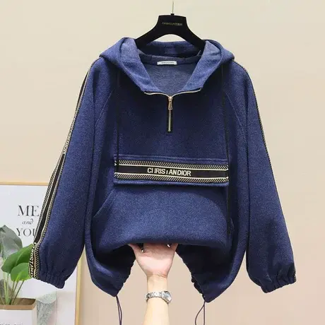 欧洲站2023秋冬新款宽松连帽卫衣女外套拼接拉链时尚毛呢子上衣潮商品大图