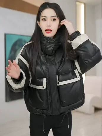 冬季新款撞色羽绒服韩版宽松显瘦休闲时尚小个子短款白鸭绒面包服图片