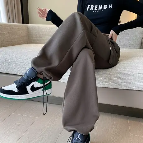 美式甜酷高腰直筒工装裤女春秋新款宽松休闲抽绳束脚阔腿运动裤子图片