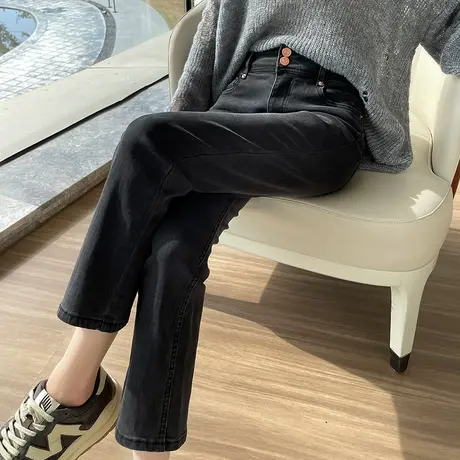 黑色直筒牛仔裤女春秋2023年新款高腰修身显瘦法棍九分裤子烟管裤图片
