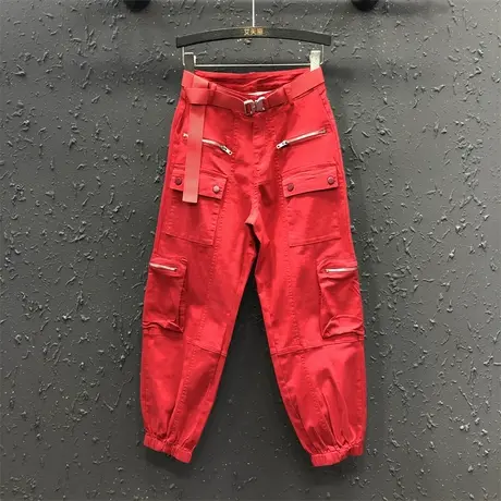 大红色休闲欧美风工装裤女潮2023春夏新款高腰显瘦显高牛仔哈伦裤图片