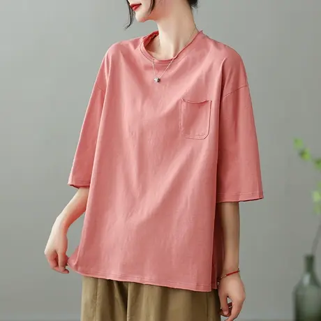 dza复古纯棉口袋T恤女2023夏季薄款圆领打底体恤宽松显瘦套头上衣图片