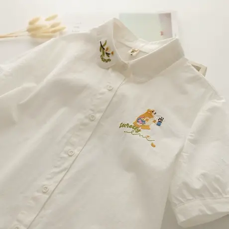 夏季文艺小清新可爱减龄刺绣纯棉短袖白色衬衫女学生百搭半袖上衣图片