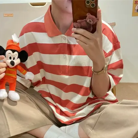 红续Polo领条纹短袖T恤女盐系小个子甜酷学院风宽松半袖上衣ins潮商品大图