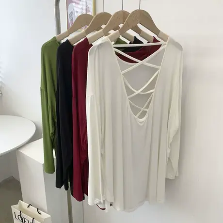 性感露背莫代尔长袖T恤女2023春新款宽松大码落肩袖柔软垂感上衣商品大图