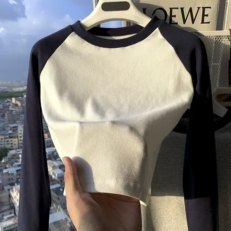 设计感小众拼色长袖T恤女春秋内搭短款打底衫辣妹高腰紧身上衣服商品大图