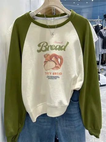 韩国东大门插肩袖短款薄卫衣T恤女印花撞色长袖休闲小个子上衣女商品大图