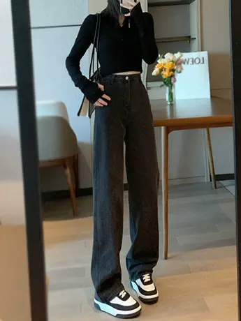 清仓捡漏宽松裤子直筒女春秋2023新款显瘦高腰小个子宽松牛仔裤图片