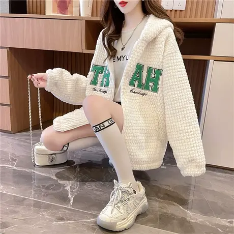 羊羔毛外套女秋冬韩版宽松设计感小众百搭加绒加厚羊羔绒开衫卫衣商品大图