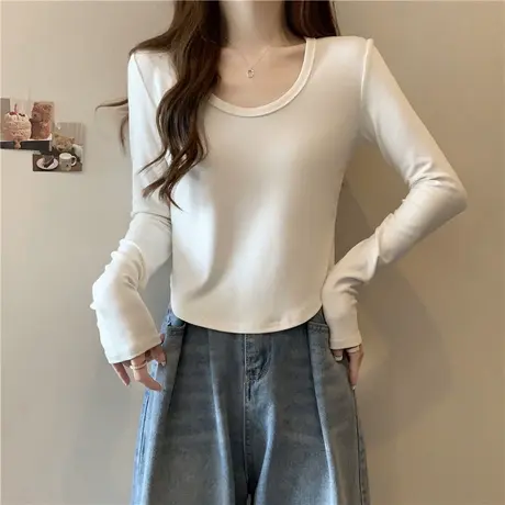 小个子短款德绒打底衫女内搭秋冬加绒加厚保暖U领长袖T恤修身上衣商品大图