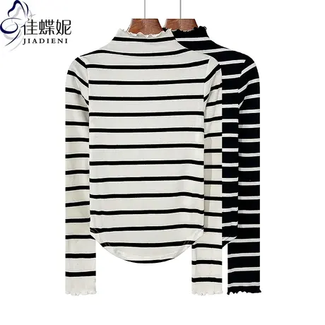 秋冬新款半高领荷叶边修身纯欲圆弧纯棉条纹长袖体恤上衣女打底衫商品大图