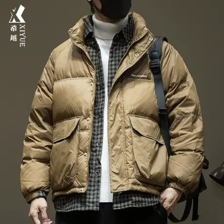 希越假两件衬衫式羽绒服男士立领夹克秋冬宽松大码白鸭绒加厚外套商品大图