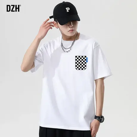 男士白色奥代尔棉短袖t恤男夏季休闲宽松棋盘格印花半袖ins潮牌商品大图