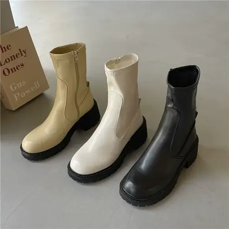 切尔西马丁靴女夏季单靴2023年新款欧货爆款粗跟英伦厚底瘦瘦短靴商品大图