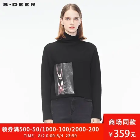 sdeer圣迪奥秋装新款高领抽象字母贴布黑色长袖T恤女S18380239😩图片