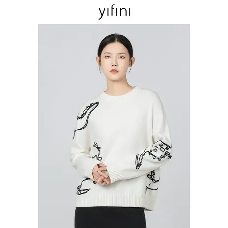 Yifini/易菲羊毛混纺Q版小龙图案针织衫冬季新款宽松毛衫商品大图