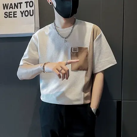夏季男士t恤短袖宽松半袖潮流潮牌撞色拼接个性休闲半截袖网红图片