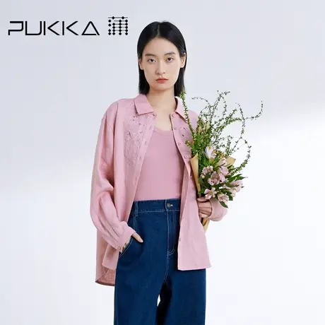 蒲PUKKA 新品2024年经典休闲亚麻绣花粉色长袖衬衫商品大图