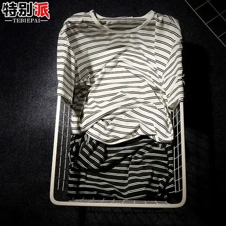 夏天短袖T恤男夏季圆领青少年条纹t恤半袖体恤潮上衣服学生打底衫商品大图