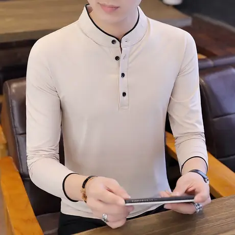 长袖男立领t恤潮秋装男士纯棉体恤2021新款中国风纯色POLO衫汗衫商品大图