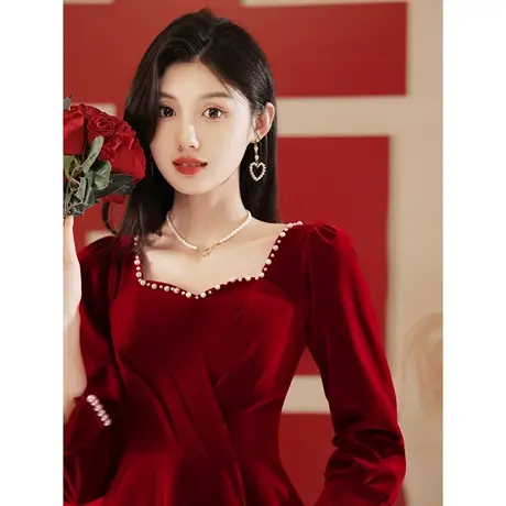 长袖敬酒服2023新款新娘结婚订婚礼服连衣裙小个子钉珠丝绒中长款商品大图