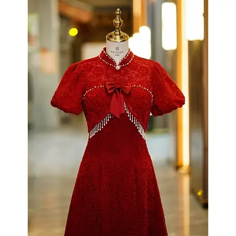 高端敬酒服旗袍2024新款蕾丝短袖年轻款订婚回门结婚礼服便装中式图片