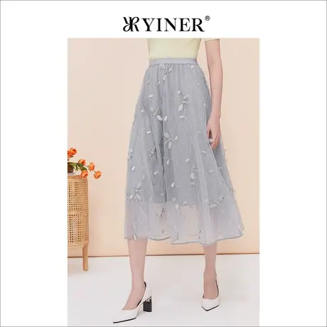 YINER音儿线上专选女装2023夏季立体蜻蜓绣花网纱仙女过膝半身裙商品大图