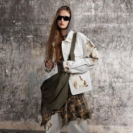 美式复古做旧拼接牛仔外套女2024春季新款街头潮牌情侣装宽松夹克商品大图