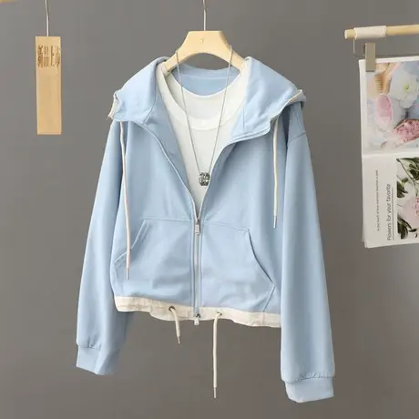 连帽休闲卫衣外套女短款春秋季休闲宽松慵懒风拉链开衫夹克衫上衣图片