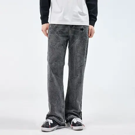 美式高街牛仔裤男直筒潮牌宽松长裤春秋款水洗做旧渐变阔腿拖地裤商品大图