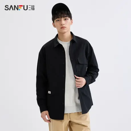 三福2024春季男士户外格长衬衫 日系时尚翻领纯棉上衣男482343图片