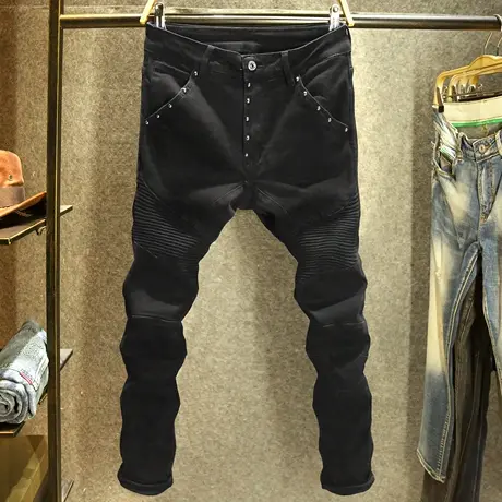 设计师款个性钮钉牛仔裤男款修身小脚裤2024新款黑色机车裤子男士商品大图