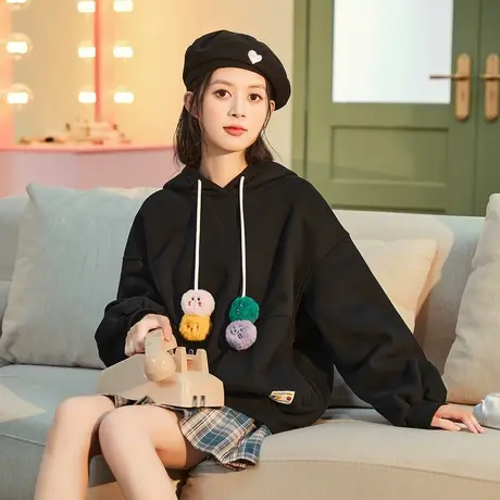 唐狮2023秋冬新款卫衣女黑色加绒休闲宽松套头连帽外套小个子1.22图片