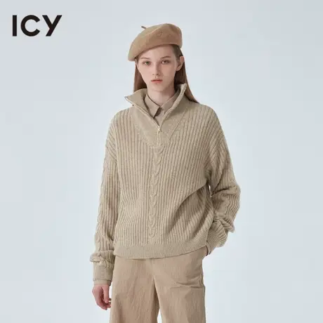 icy新款时尚简约高领毛衣宽松保暖显瘦卡其色套头针织衫图片