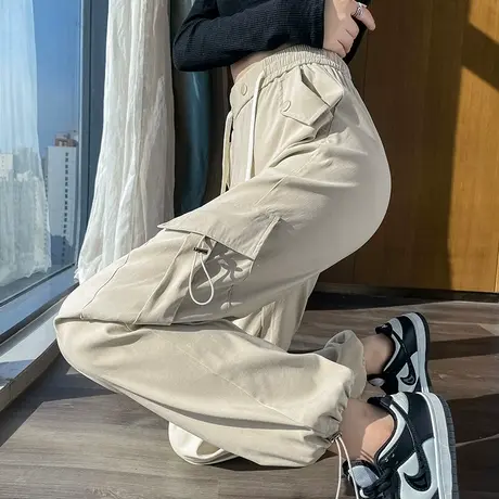 杏色美式工装裤女春秋季新款抽绳高腰显瘦休闲登山束脚阔腿运动裤商品大图