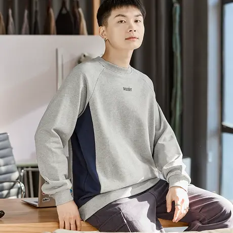 唐狮2024春秋季新款圆领卫衣男士灰色拼接长袖套头潮牌外套上衣服图片