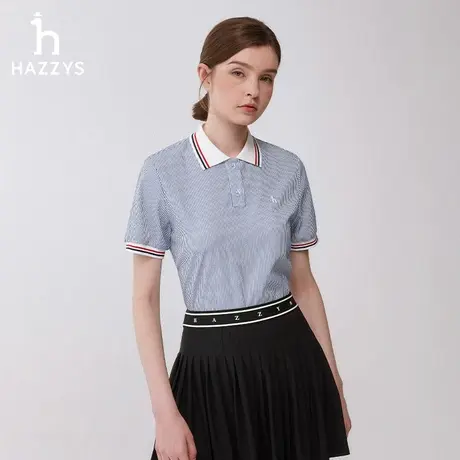 Hazzys哈吉斯奥莱夏季新款条纹梭织短袖衬衫女上衣休闲通勤衬衣韩图片