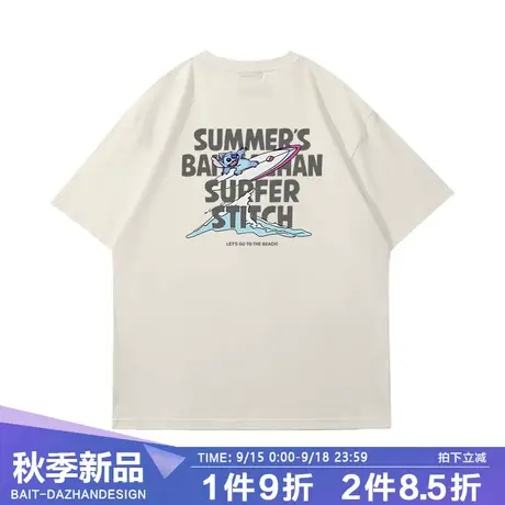 欧美嘻哈街头风男生短袖t恤女卡通印花史迪仔国潮百搭宽松纯棉tee商品大图