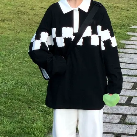 纯棉格子polo衫长袖t恤女ins潮牌春秋薄款设计感宽松oversize上衣商品大图